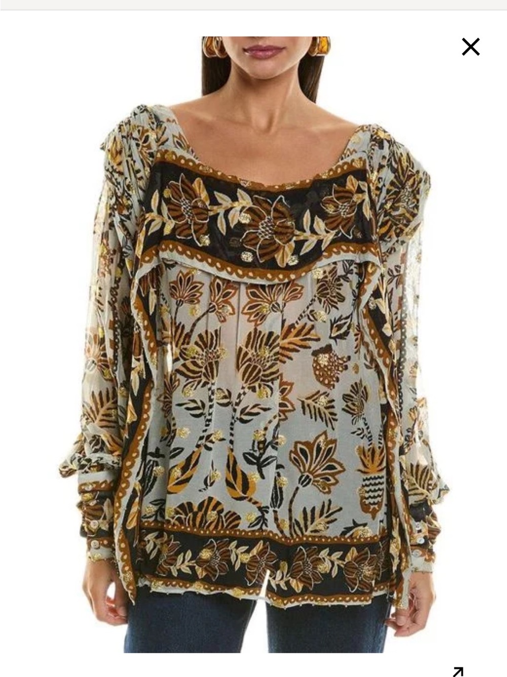 Farm Rio Boho Floral Sheer Pullover Top - Brown & Black